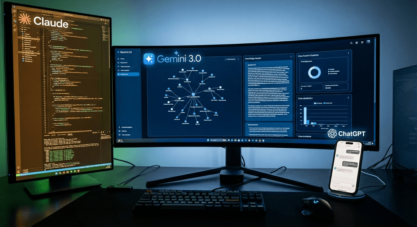 엔지니어의 데스크 셋업: 중앙의 와이드 모니터에는 Gemini가, 측면 세로 모니터에는 Claude 코드가, 작은 스마트폰에는 ChatGPT가 띄워져 있어 50:40:10의 업무 비중을 시각적으로 보여주는 이미지