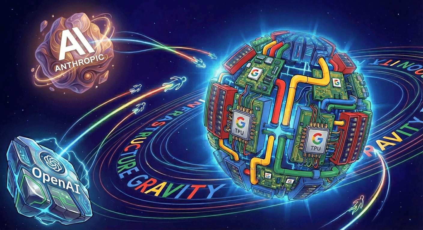 인프라의 중력장: 거대한 서버 랙과 TPU로 이루어진 행성이 주변의 작은 별들(인재)을 강력한 힘으로 빨아들이는 모습을 형상화한 SF 스타일 일러스트