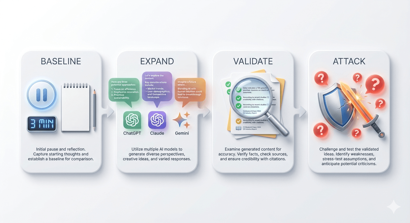 4개의 패널로 구성된 워크플로우 다이어그램 - 1) Pause: 일시정지 버튼과 타이머 "3 min", 2) Expand: 3개의 AI 아이콘이 서로 다른 답변을 내놓는 모습, 3) Validate: 돋보기로 1차 소스를 검증하는 장면, 4) Attack: 방패와 검이 충돌하는 아이콘. 미니멀하고 깔끔한 인포그래픽 스타일
