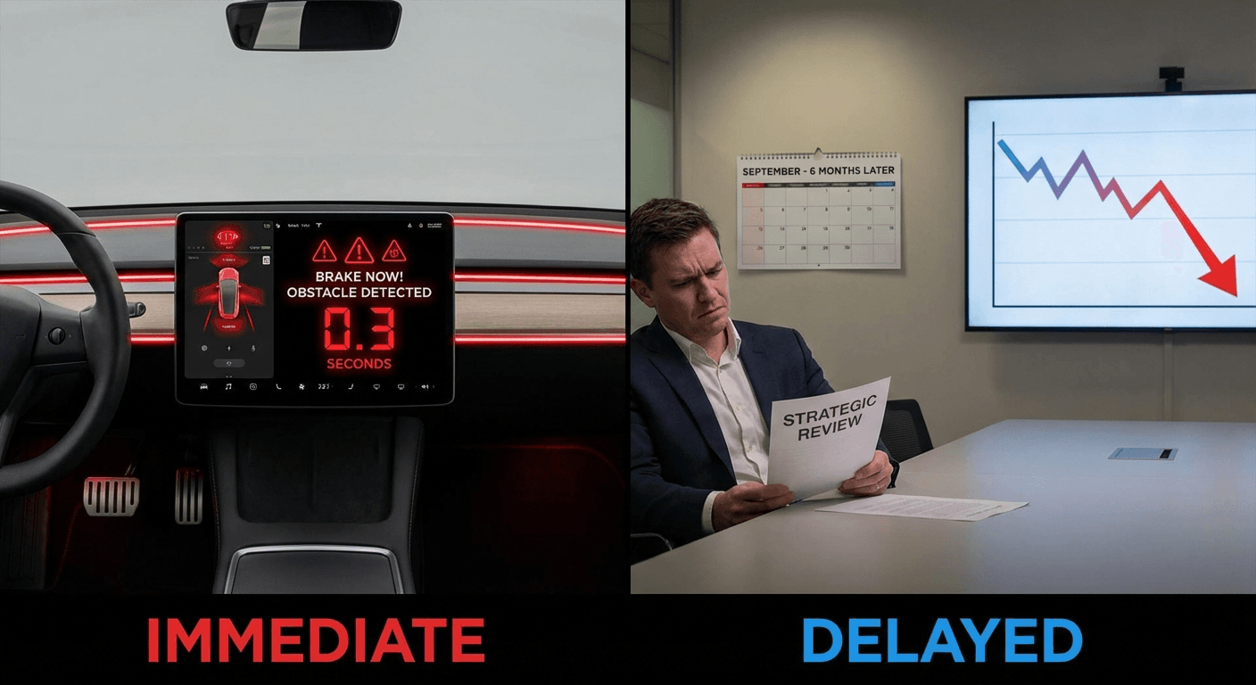 왼쪽: 자율주행 차량이 즉시 경고등과 함께 브레이크를 밟는 장면 (피드백 시간: 0.3초). 오른쪽: 회의실에서 전략 문서를 들고 있는 사람, 배경에 6개월 후 달력과 무너진 매출 그래프 - 두 타임라인의 극명한 대비
