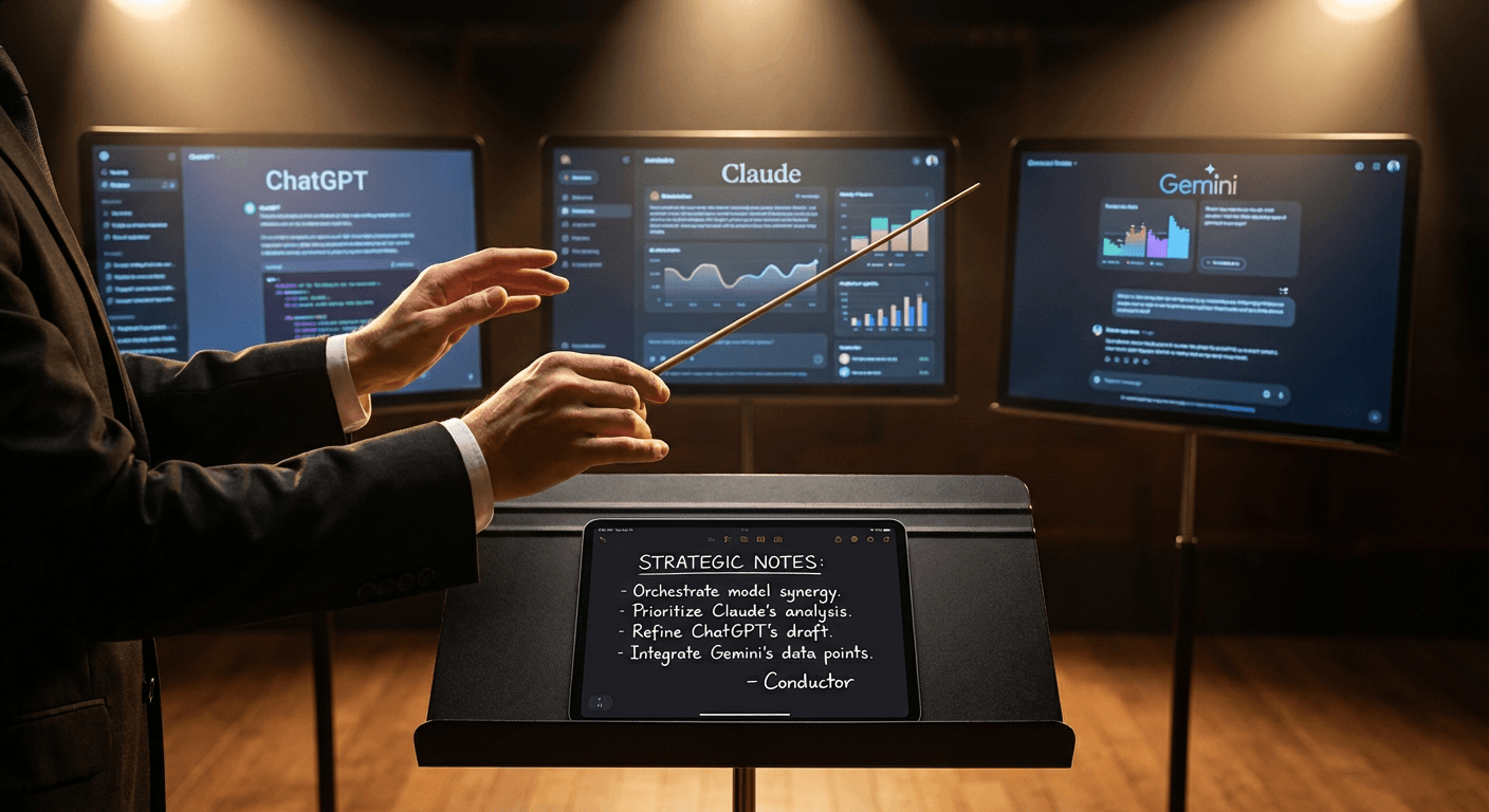 지휘자 관점의 작업 공간 - 지휘봉을 든 손이 중앙에서 명령을 내리는 제스처. 배경의 3개 스크린에는 각기 다른 AI(ChatGPT, Claude, Gemini)가 오케스트라처럼 배치되어 분석 결과 표시 중. 전면 악보대의 태블릿에는 인간이 직접 작성한 의사결정 노트. 지휘봉에 선명한 포커스, AI 화면들은 보조적 위치. 한 명의 인간이 다수의 AI 도구를 정밀하게 통제하는 명확한 위계 구조