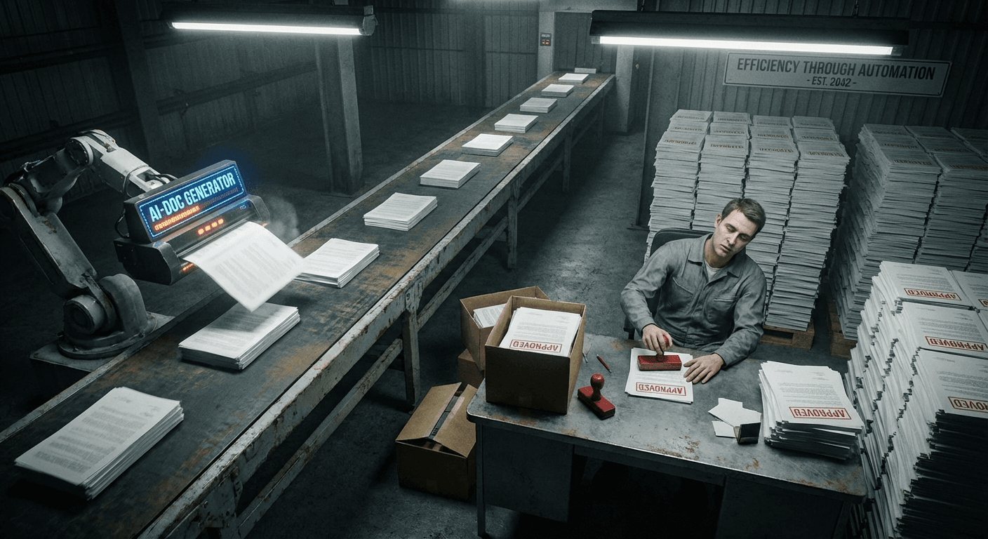 컨베이어 벨트 위로 문서들이 흘러가고 있음 - AI가 앞쪽에서 문서를 빠르게 생성하고, 뒤쪽에 앉은 사람이 기계적으로 "Approved" 도장만 찍고 있음. 사람의 표정은 공허하고 눈은 초점을 잃은 상태. 배경에 쌓인 승인 문서 더미